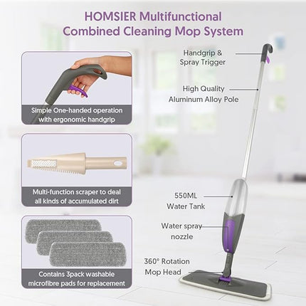 Spray Mops for Floor Cleaning - HOMSIER Microfiber Mop Wet Dry with 3 Washable Pads 550ML Refillable Bottle for Hardwood Wood Laminate Tile Marble Kitchen Home Hard Floors
