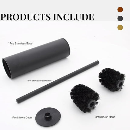 Toilet Brush and Holder,304 Stainless Steel Toilet Brush with Long Brush Handle,Toilet Bowl Brush for Bathroom Cleaning,2 Bristle Heads, Black