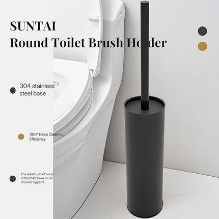 Toilet Brush and Holder,304 Stainless Steel Toilet Brush with Long Brush Handle,Toilet Bowl Brush for Bathroom Cleaning,2 Bristle Heads, Black