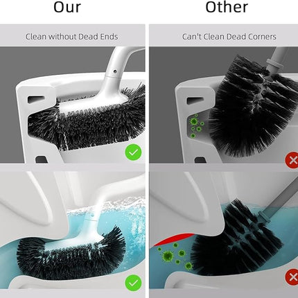 HAMITOR Toilet Bowl Brush Holder Set: Bathroom Deep Cleaning Toilet Cleaner Scrubber Under Rim with Curved Bristle for Dead Corner Clean - Hidden Rv Toilet Decorative Accessories with Caddy- White