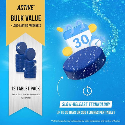 ACTIVE Automatic Toilet Bowl Cleaner Tablets Blue Gel Toilet Tank Cleaners, Septic-Safe Hard Water Ring Stain Remover, Smell Eliminator Heavy Duty Toilet Cleaning & Deodorizer, Fresh Scent - 12 Tabs