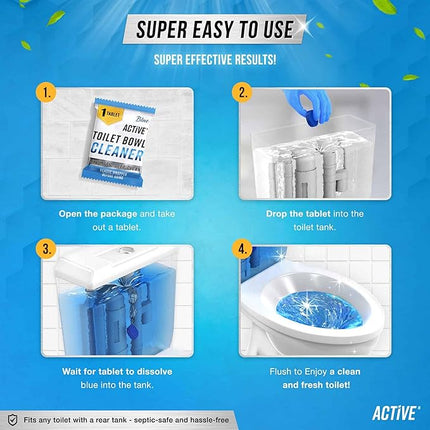 ACTIVE Automatic Toilet Bowl Cleaner Tablets Blue Gel Toilet Tank Cleaners, Septic-Safe Hard Water Ring Stain Remover, Smell Eliminator Heavy Duty Toilet Cleaning & Deodorizer, Fresh Scent - 12 Tabs